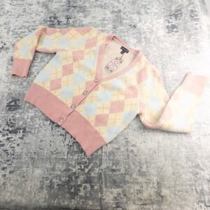 QED London Womens M Argyle Diamante Button Down Cardigan Pastel Pink Yellow NWT